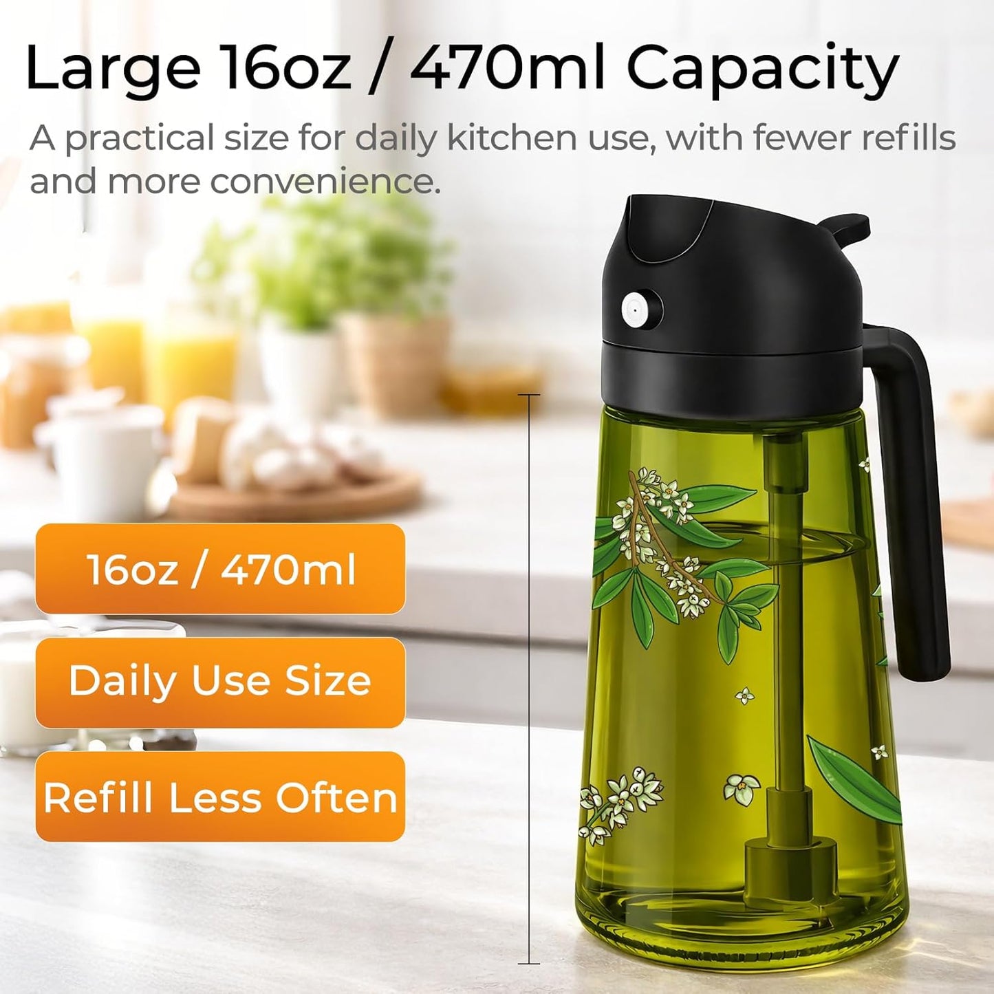 2 1 Set 16OZ/470ML Set 2 COOLMI Oil Sprayer for Cooking, in Olive Oil Dispenser Bottle for Kitchen, Food-Grade Glass