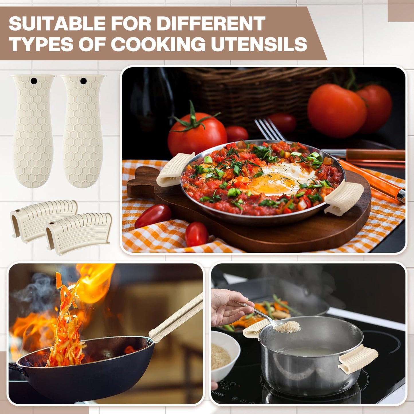 Patelai 8 Pcs Silicone Pot Holders Set Cast Iron Handle Cover Heat Resistant Pot Handle Covers Potholder Non Slip Reusable Pan Sleeve for Frying Pan Kitchen Supplies(Khaki)