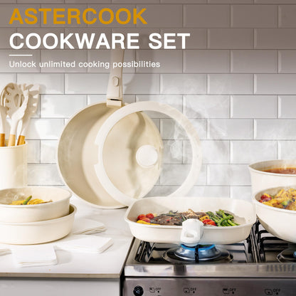 Astercook 23 Pcs Pots and Pans Set Non Stick, Ceramic Cookware Set Detachable Handle, RV Kitchen Cooking Set Removable Handles, Oven Safe, Induction Ready, Stackable, Cream White, Mothers Day Gifts