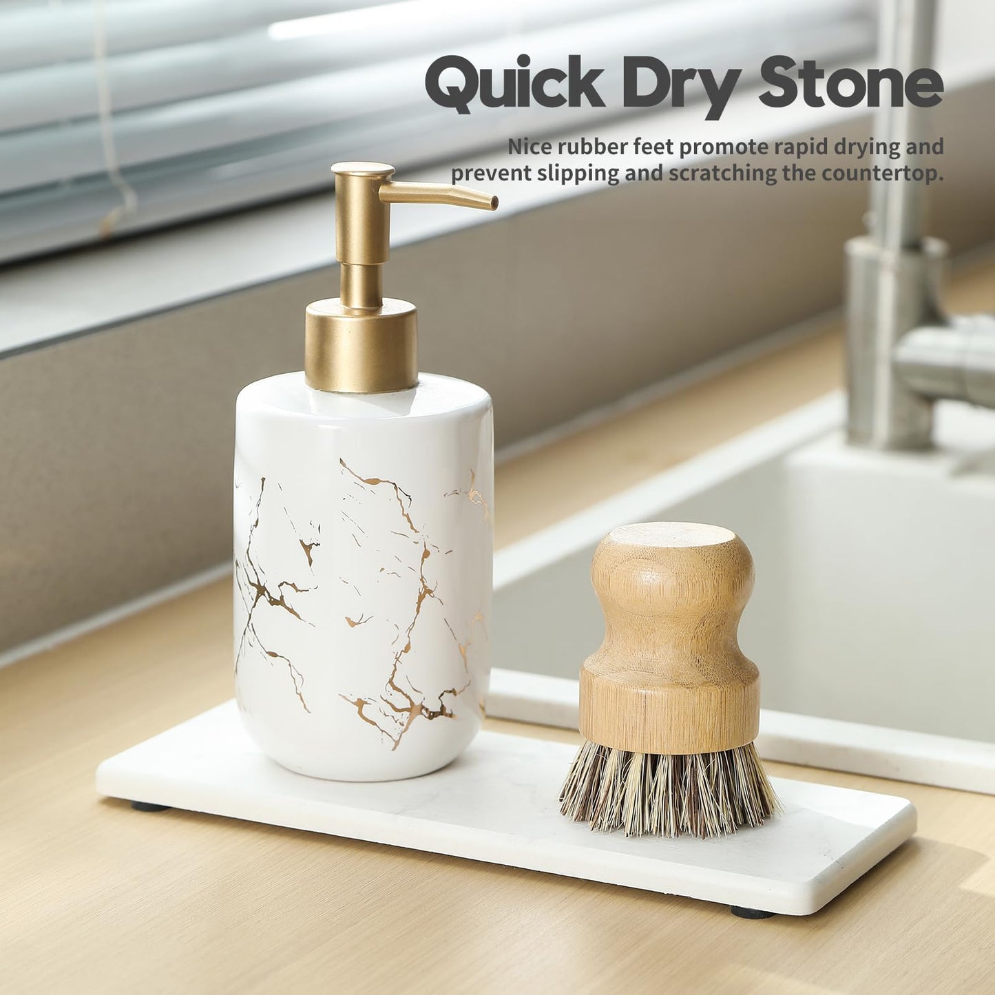 2PCS Water Absorbing Stone Drying Tray for Kitchen Counter & Bathroom Sink, Diatomite Faucet Splash Guard, Soap Dispenser Rack & Sponge Holder Caddy Organizer, Marble White (Printed Pattern), 9"x 3.5"