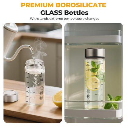 Sursip Glass Juice Bottles 6 Pack 12 oz – Wide Mouth Borosilicate Glass Bottles with Lids – Heat-Resistant, Leakproof, BPA Free, Reusable for Juicing, Smoothies, Milk, Protein Drinks, Water