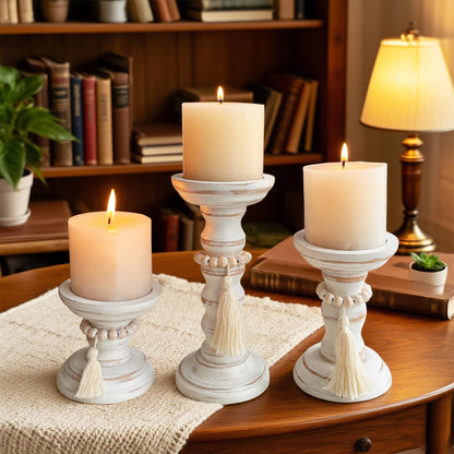 cachiv Wood Candle Holders for Pillar Set of 3 Rustic Candles Holder Tall Candlestick Stand for Farmhouse Decor Fireplace Table Centerpieces