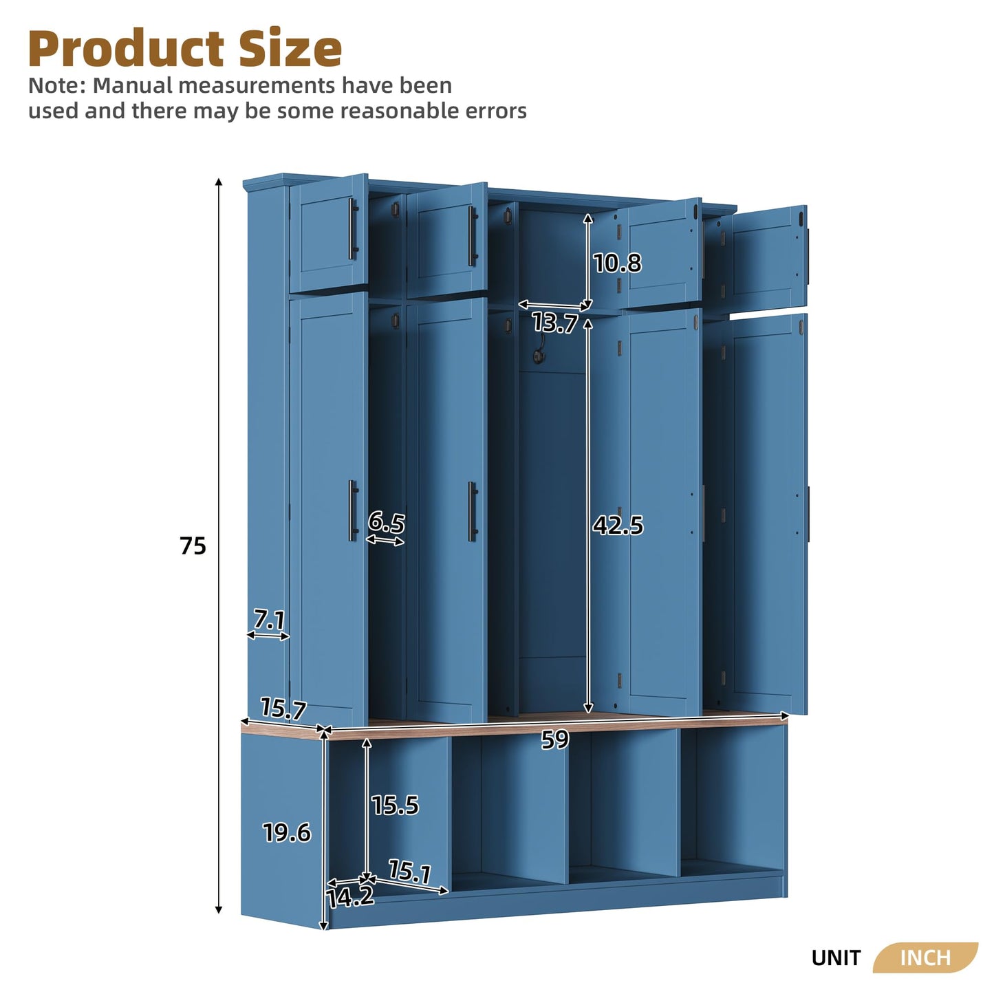 Hall Tree with Bench and Shoe Storage Compartments for Entryway, Particle Board Multi-Functional Cabinet with 4 Hanging Hooks, Blue