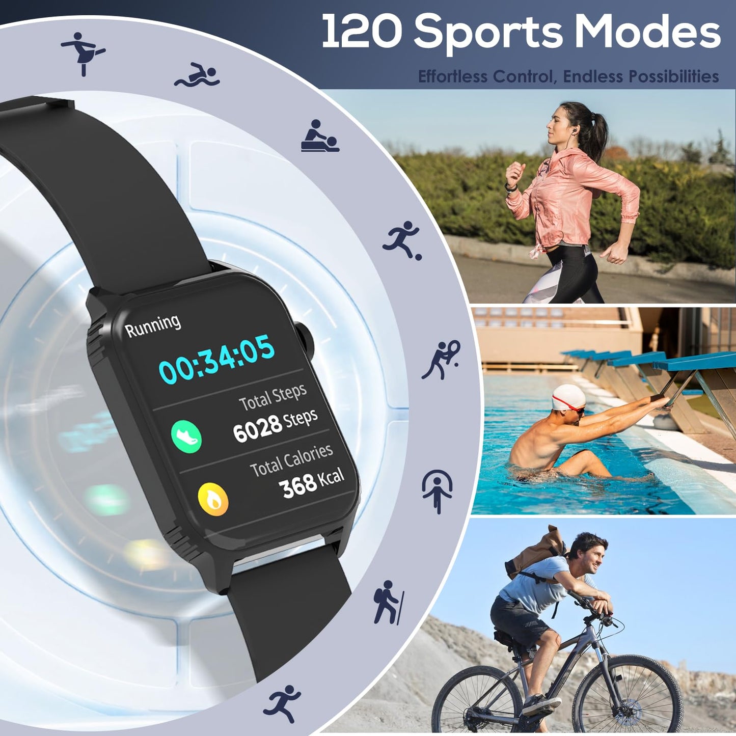 TRAUSI Smart Watches for Women Men, 1.83" HD Smartwatch with 120 Sports Modes, IP67 Waterproof, Bluetooth Call and Music Control；Heart Rate and Sleep Monitor (Black)