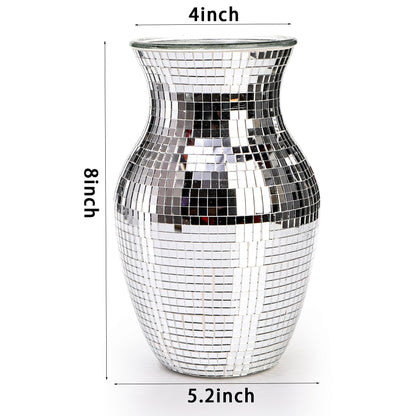 SOUJOY Disco Vase, Silver Mosaic Mirror Vase for Centerpiece, Handmade Glass Bud Vase for Wedding Flower Arrangeme, Living Room, Kitchen, Home Decor