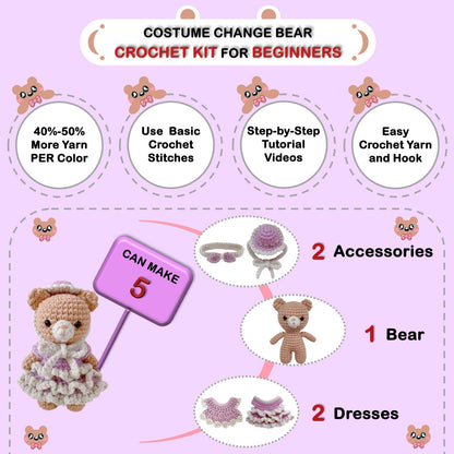 LoopMap Amigurumi Crochet Kit for Beginners with Removable Dress & Video Tutorials, DIY Bear Making Kit Includes Premium Yarn & Tools, Creative Gift for Adults Teens (Purple)