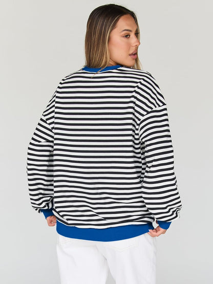 Trendy Queen Oversized Sweatshirt for Women 2025 Fall Crewneck Striped Long Sleeve Shirts Hoodies Cute Top Y2K Outfits