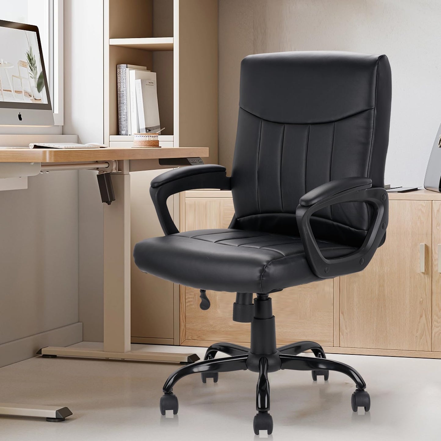 CLATINA Leather Ergonomic Office Chair with Lumbar Support and Padded Armrestes, Swivel Rolling Executive Mid Back Computer Task Desk Chair for Home, Conference, Waiting Room, Black, 4 Pack