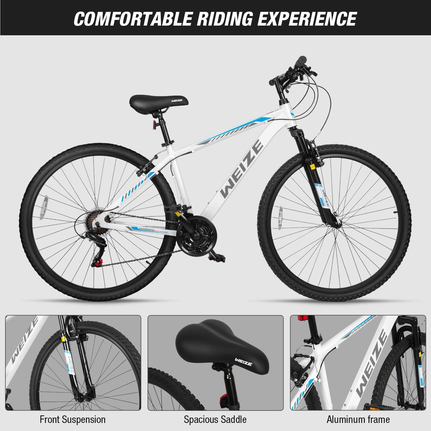 WEIZE Hardtail Mountain Bike, 29 Inch Wheels Outdoor Cycling Bike, 21-Speed Trigger Shifter, Aluminum Frame for Women and Men, Comfort Saddle, MTB Bicycle with Suspension Fork, White