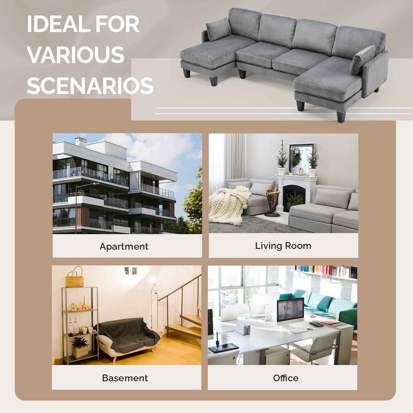VINGLI 108" W U-Shaped Sectional Couches for Living Room, Sturdy Wooden Armrest Corduroy Cloud Couch with Double Chaise, High Support Modern 4-Seat Sectional Sofa for Apartment, Offices, Dark Grey