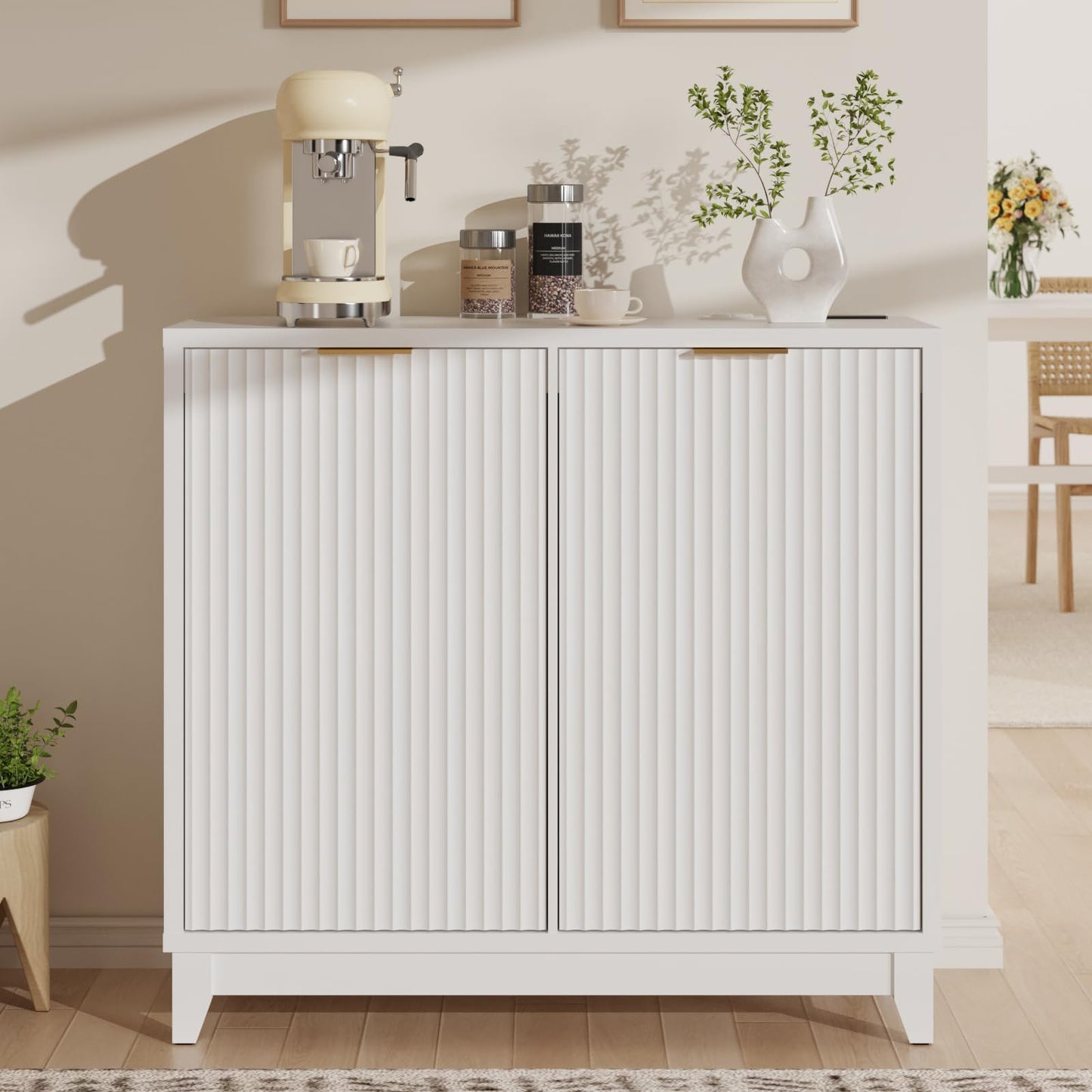 Double Tilt Out Trash Can Cabinet with Odor Control, Outlets, Fluted Trash Cabinet 13 Gallon Hidden Bin Storage, Modern Kitchen Cabinet with Soft-Close Door, Laundry Hamper Cabinet for Bathroom