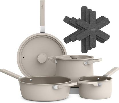 Bella 9-Piece Ceramic Nonstick Cookware Set - Dishwasher & Oven Safe, Stackable Design, Oatmilk Color