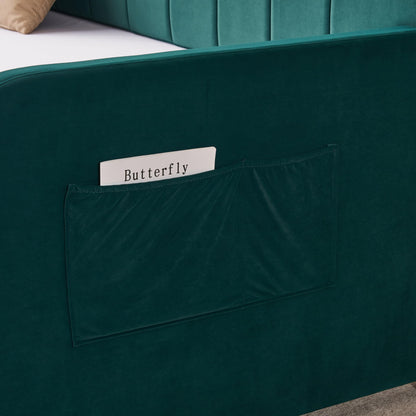 Ball & Cast Twin Size Daybed with Pop up Trundle,Velvet Upholstered Day Bed Frame with Channel Tufted Backrest,Extendable Trundle Bed with USB Port & Side Pocket,Twin to King Design,Emerald