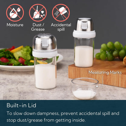 KTCHENDAO 2 in 1 Glass Salt Shaker with Side Pour Spout, Built-in Lid to Slow Down Dampness with Mearsuring Marks, Elegant Borosilicate Glass Salt Dispenser for Kitchen, BPA Free, 4oz (White)