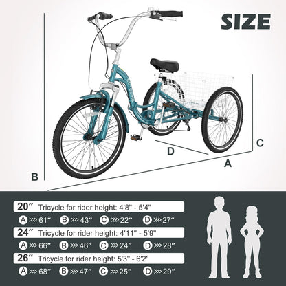H&ZT Adult Tricycle, 3 Wheeled Bike, Trike Cruiser Bike, with 7-Speed Gear, Parking Brake Handle, Low Step, Large Rear Basket, Elderly Friendly, for Men, Women, and Teens