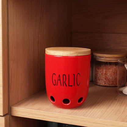 HAOTOP Ceramic Garlic Keeper for Counter, Garlic Saver Container with Wood Lid, Garlic Keeper for Kitchen, Garlic Holder to Keep Your Garlic Cloves Fresh Longer (Red)