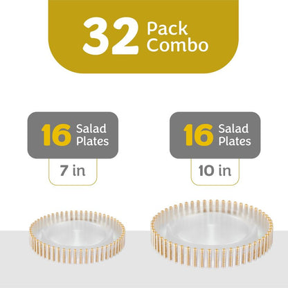 PLASTICPRO 32 Piece Combo Plastic Dinner Plates Disposable Plastic Fancy Heavy Duty Party Dishes 7 inch and 10 inch, Clear and Gold Beaded