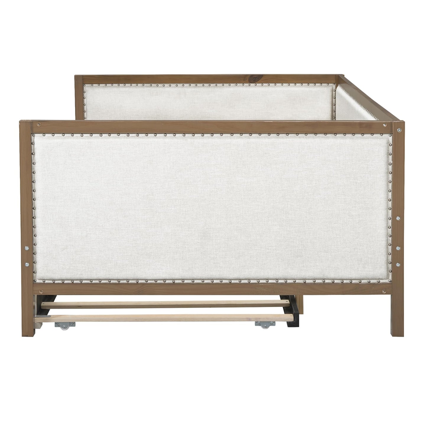 GDFStudio Full Size Upholstered Daybed with Trundle, Linen Sofa Bed with Nailhead Trim, Wood Frame Slat Support, No Box Spring Needed, Space Saving Guest Bed for Bedroom Living Room