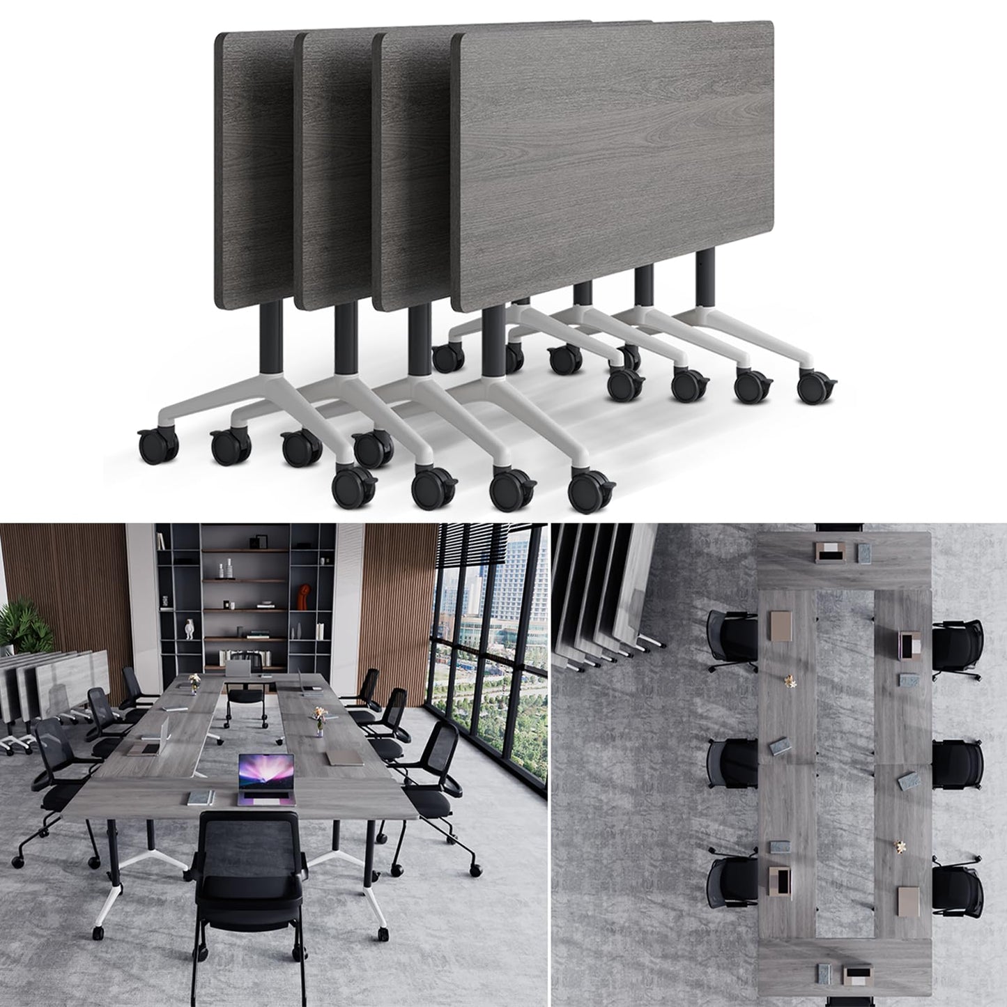 Folding Conference Table, Conference Room Tables with Wheels Foldable Large Rectangle Meeting Seminar Table for 6-12 People, Flip Top Mobile Training Table for Office Classr (4, Gray, 55.1in)