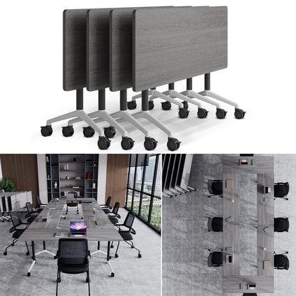 Folding Conference Table, Conference Room Tables with Wheels Foldable Large Rectangle Meeting Seminar Table for 6-12 People, Flip Top Mobile Training Table for Office Classr (4, Gray, 55.1in)