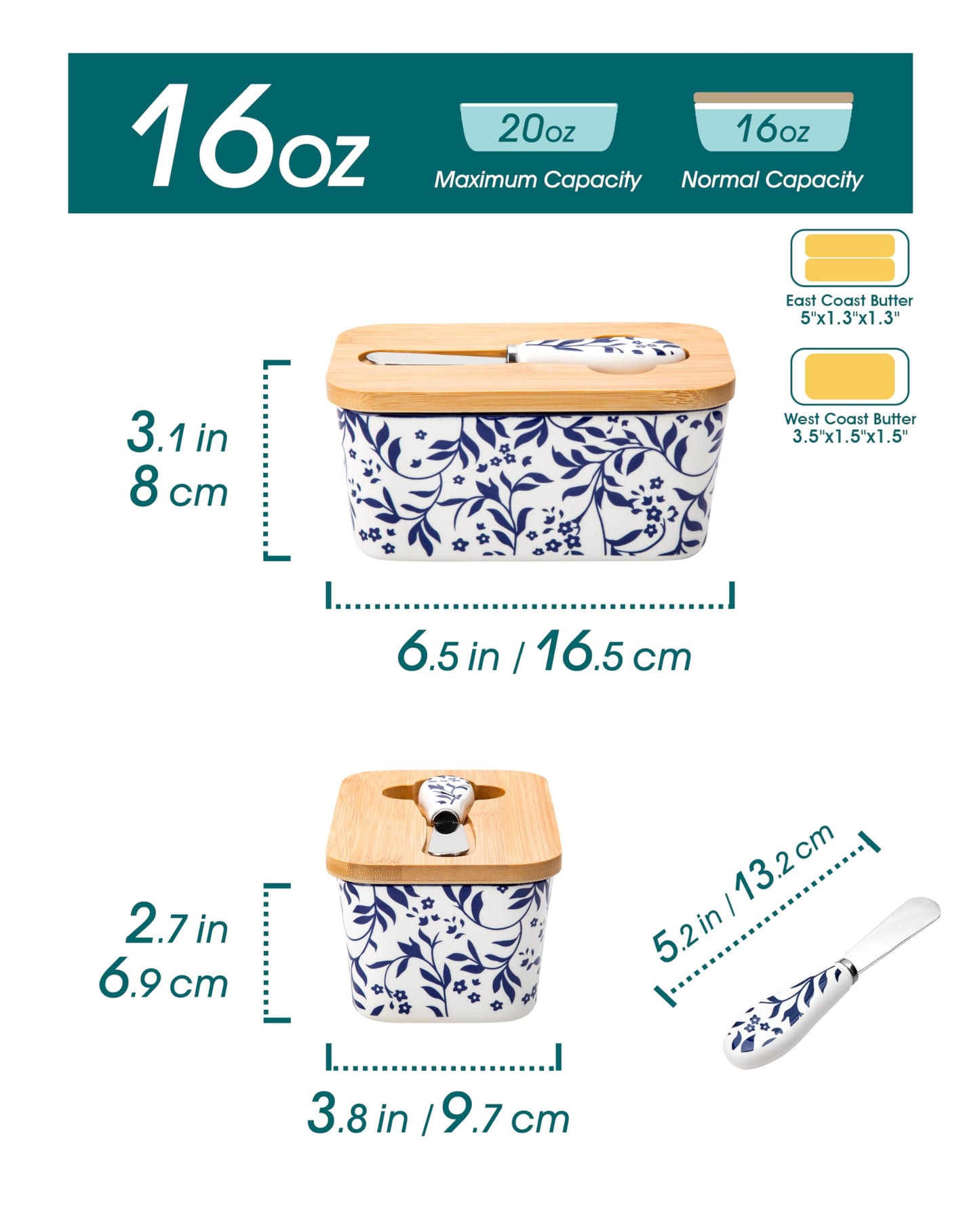 vancasso SELENE Butter Dish with Lid, 6.5" Large Butter Dish for Countertop, Ceramic Butter Keeper Container with Knife and Bamboo Lid, Delicate Floral Pattern