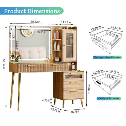 Arulvmrn Vanity Desk with 29.53" HD Lighted Mirror, 47.24" Big Modern Vanity Desk with Mirror and Lights, Makeup Vanity with 5 Drawers and Storage Shelves and Charging Station, Oak