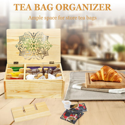 WRINGKIT Tea Bag Organizer Box, Wooden Tea Bag Chest Holder Container with 9 Compartment Floral Carved Lid, Multi-Functional Decorative Box for Storage Sugar Packet, Sweets, Christmas Gift