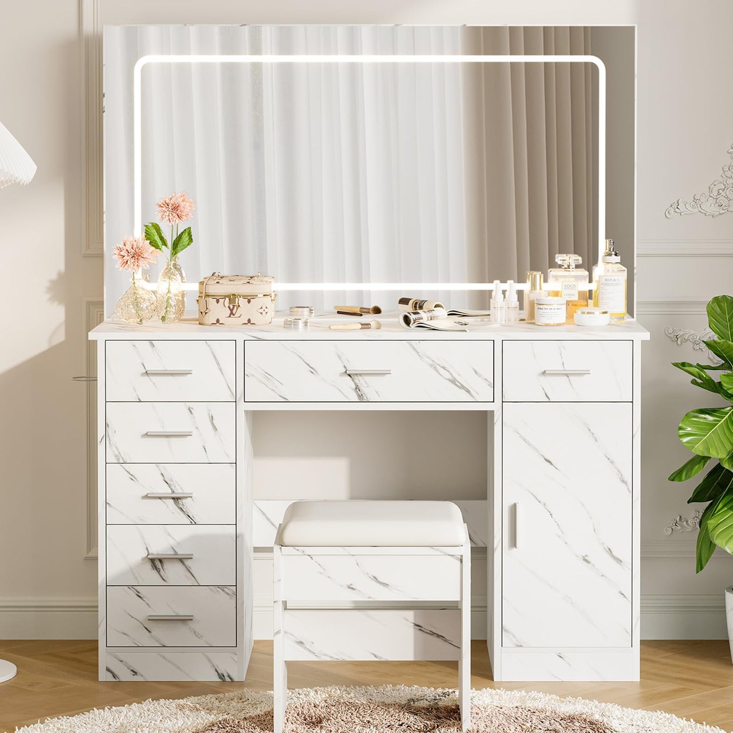 GarveeLife Modern Vanity Desk with LED Mirror – 7 Drawers, Power Outlets, Hair Dryer Holder, 3-Mode Adjustable Lighting – Makeup Dressing Table for Bedroom, Marble White Finish