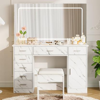 GarveeLife Modern Vanity Desk with LED Mirror – 7 Drawers, Power Outlets, Hair Dryer Holder, 3-Mode Adjustable Lighting – Makeup Dressing Table for Bedroom, Marble White Finish