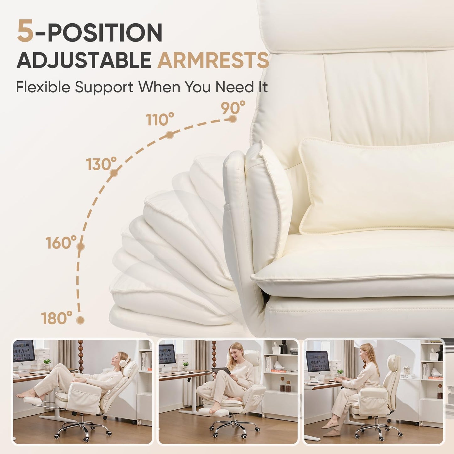 EGSEAT Big and Tall Office Chair with Flip Armrests, Cross Legged Office Chair with Storage Pockets, Comfortable Reclining Computer Chair with Footrest, Wide Home Office Desk Chair, Leather, Beige