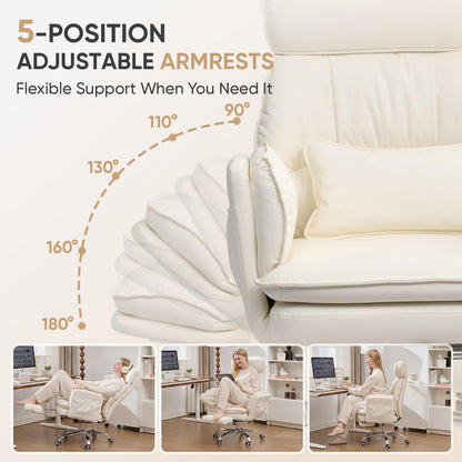 EGSEAT Big and Tall Office Chair with Flip Armrests, Cross Legged Office Chair with Storage Pockets, Comfortable Reclining Computer Chair with Footrest, Wide Home Office Desk Chair, Leather, Beige