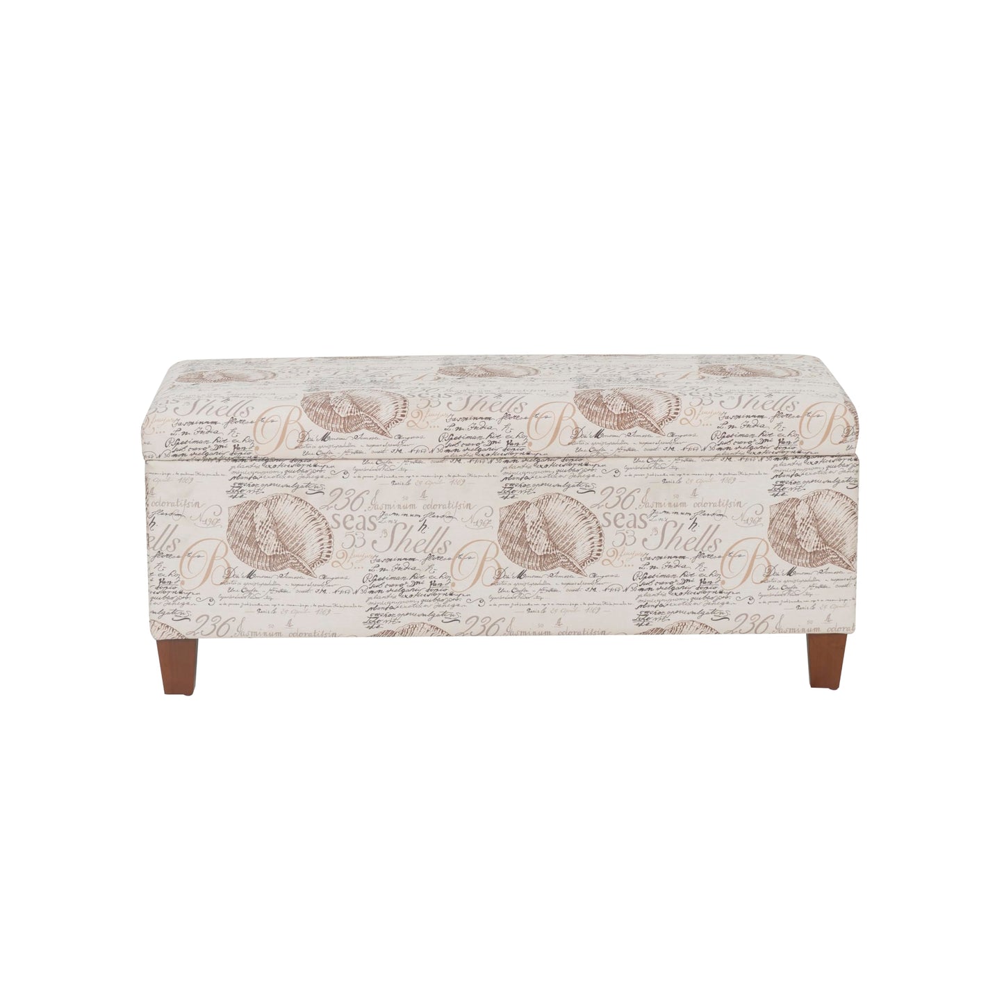 Linon Carmen Ivory and Beige Seashell Upholstered Lift Top Storage Ottoman with Wooden Feet