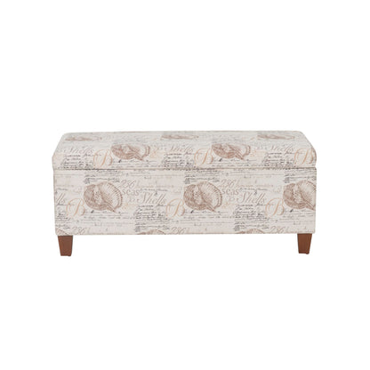 Linon Carmen Ivory and Beige Seashell Upholstered Lift Top Storage Ottoman with Wooden Feet
