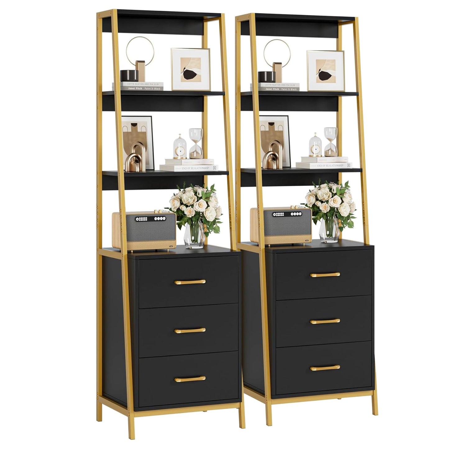 HITHOS 4-Tier Bookshelf, Tall Bookcase with 3 Wooden Drawers, Modern Ladder Book Shlef Storage Organizer for Living Room, Entryway, Office, Black Gold, 2 PCS