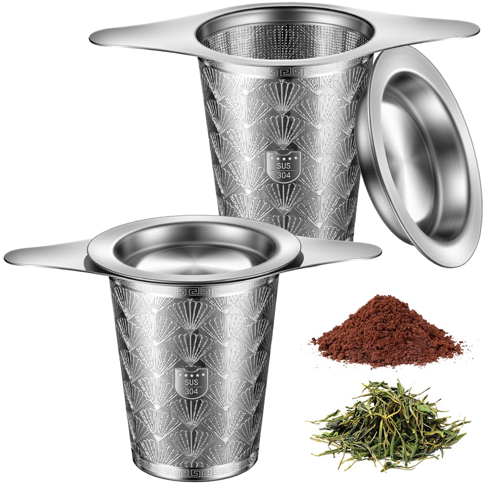 2Pack Extra Fine 18/8 Stainless Steel Tea Infuser BOMANSI BOMS Tea Strainer with Large Capacity & Perfect Size Double Handles for Hanging on Teapots, Mugs, Cups to Steep Loose Leaf Tea and Coffee
