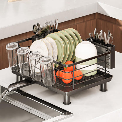PureBox Dish Drying Rack with 2 Utensil Holders, Rustproof Metal Kitchen Counter Organizer with Cup Holder & Drain Board, Large Capacity Dish Rack for Sink, Black