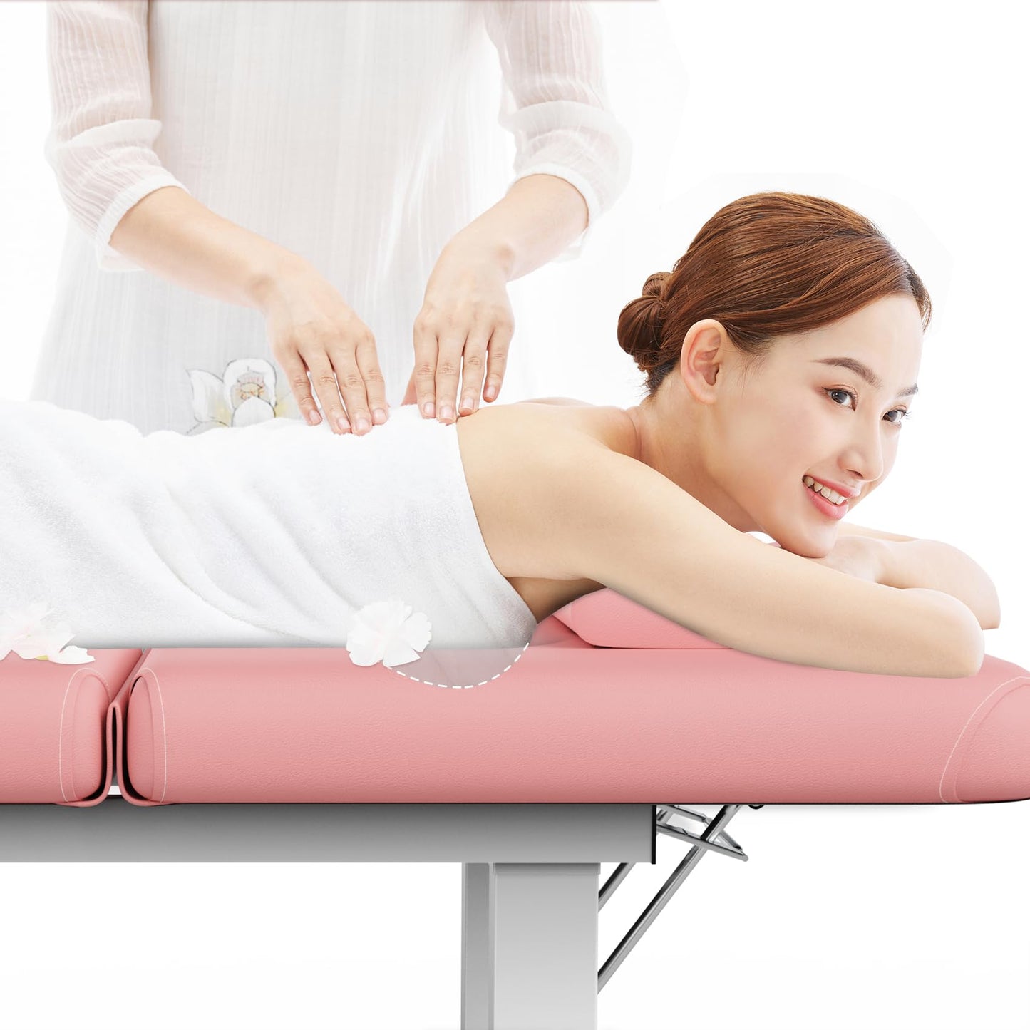 pouseayar Stationary Massage Table, 75”L 31.5''W Heavy Duty Esthetician Bed, 800LBS Metal Frame PU Leather Physical Therapy Table Spa Lash Bed Professional Equipment (Pink)