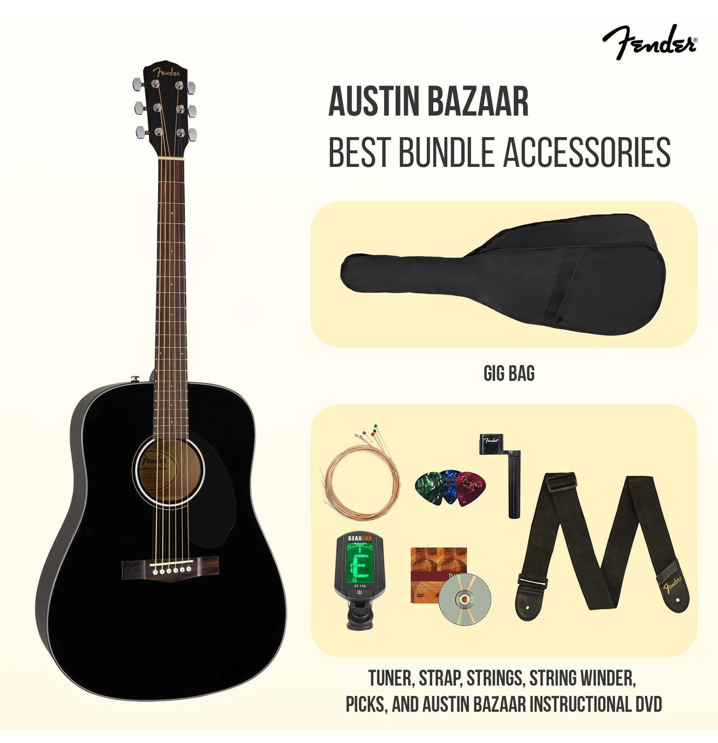 Fender Classic Design Dreadnought Acoustic Guitar - Black Bundle with Gig Bag, Tuner, Strap, Strings, String Winder, Picks, and Austin Bazaar Instructional DVD