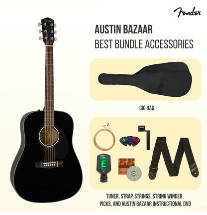 Fender Classic Design Dreadnought Acoustic Guitar - Black Bundle with Gig Bag, Tuner, Strap, Strings, String Winder, Picks, and Austin Bazaar Instructional DVD
