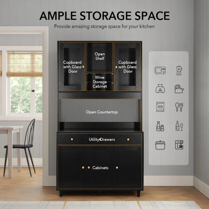 VOWNER 71" Traditional Freestanding Kitchen Pantry Storage Cabinet, Pantry Cabinet with 3 Drawers and 5 Storage Cabinets, Black