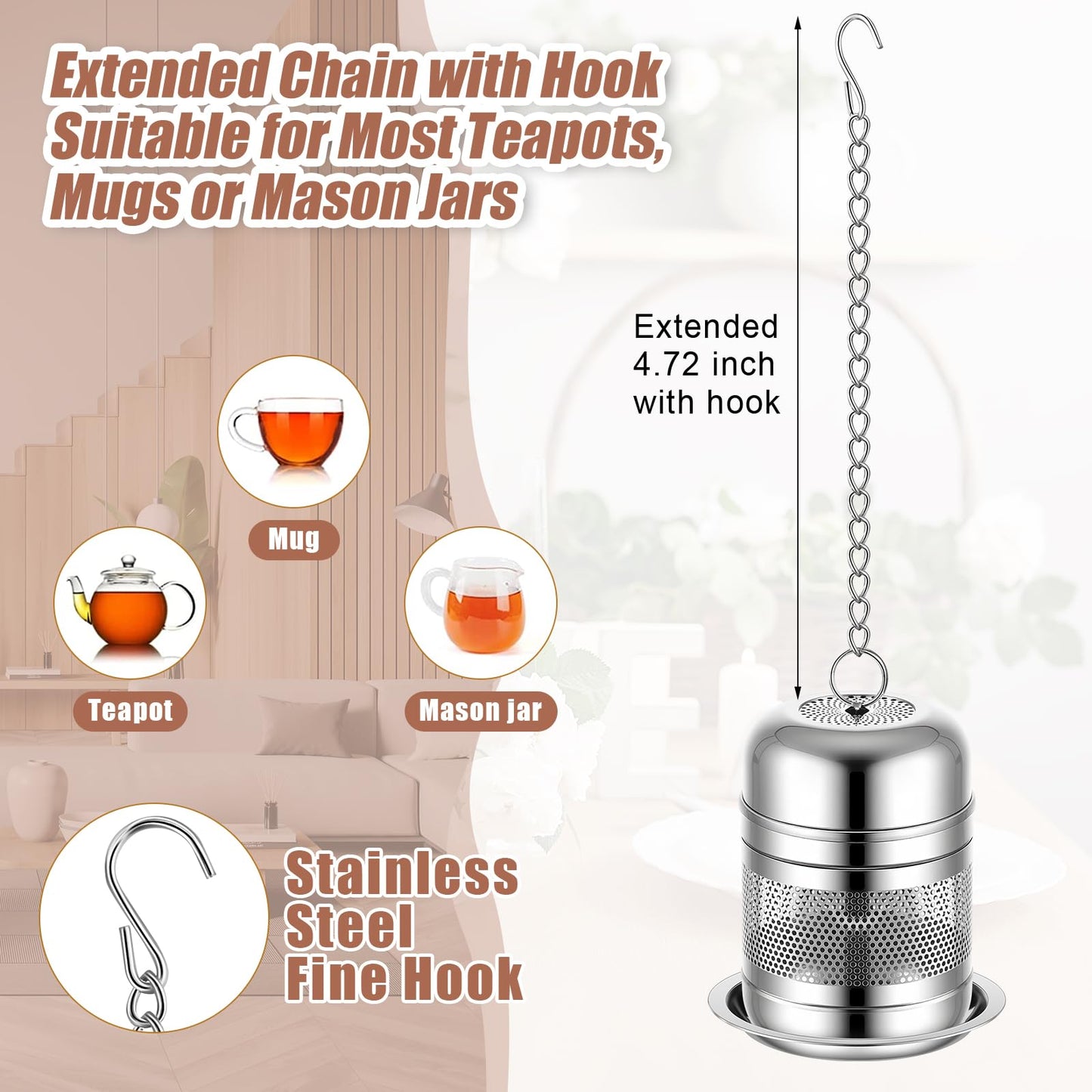 Umigy 4 Pcs Tea Infuser Strainers for Loose Tea with Scoop, Extra Fine Mesh Steeper 304 Stainless Steel Diffuser Leaf Holder with Extended Chain Hook for Brew, Spices, Seasoning (Stylish Style)