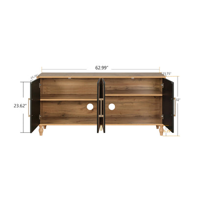 ERYE Mid-Century Modern Carved Flower 4-Door Functional Buffets Sideboard with Shelves and Metal Handles Accent Perfect for Kitchens, Dining Room, Entryway,Living Space