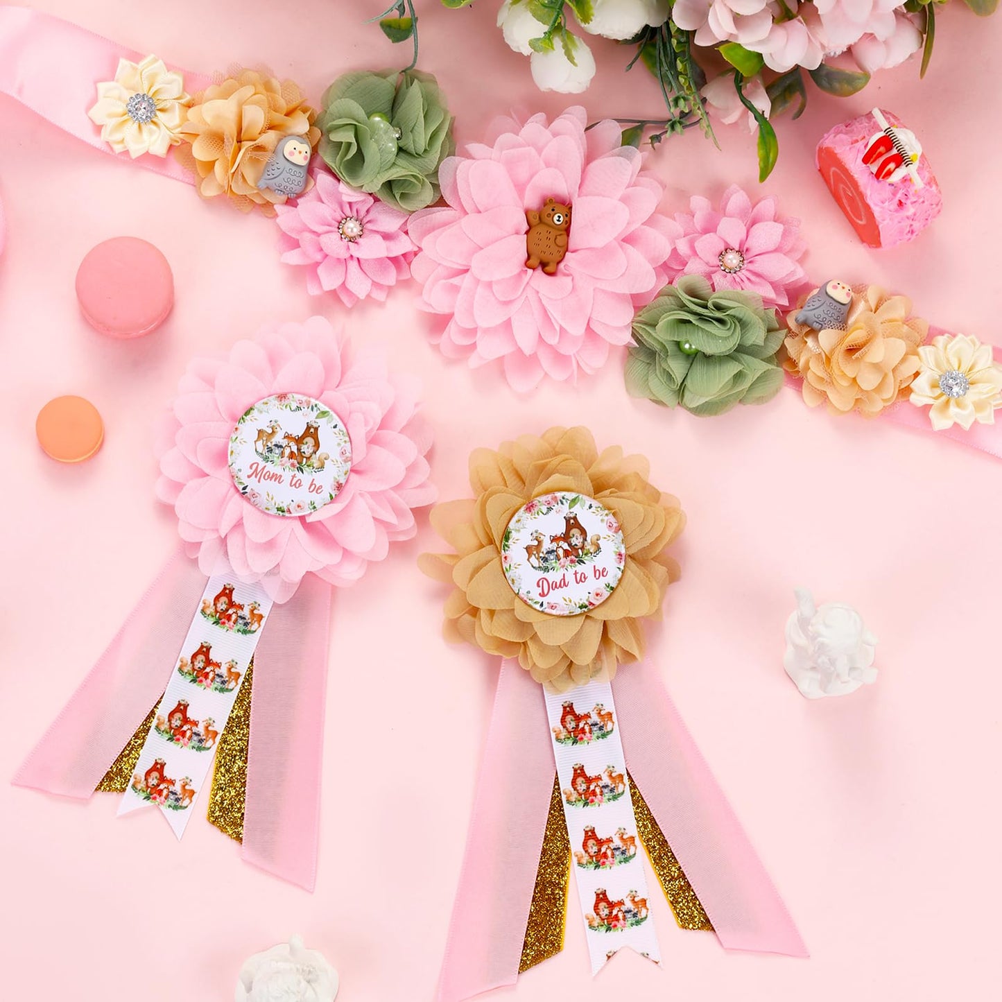 JOYMEMO Pink Woodland Animal Baby Shower Maternity Sash Kit - Woodland Theme Baby Shower Belly Belt and Mom to Be & Dad to Be Corsage Pins, Pregnancy New Parents Photo Props Party Supplies