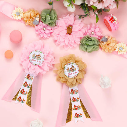 JOYMEMO Pink Woodland Animal Baby Shower Maternity Sash Kit - Woodland Theme Baby Shower Belly Belt and Mom to Be & Dad to Be Corsage Pins, Pregnancy New Parents Photo Props Party Supplies
