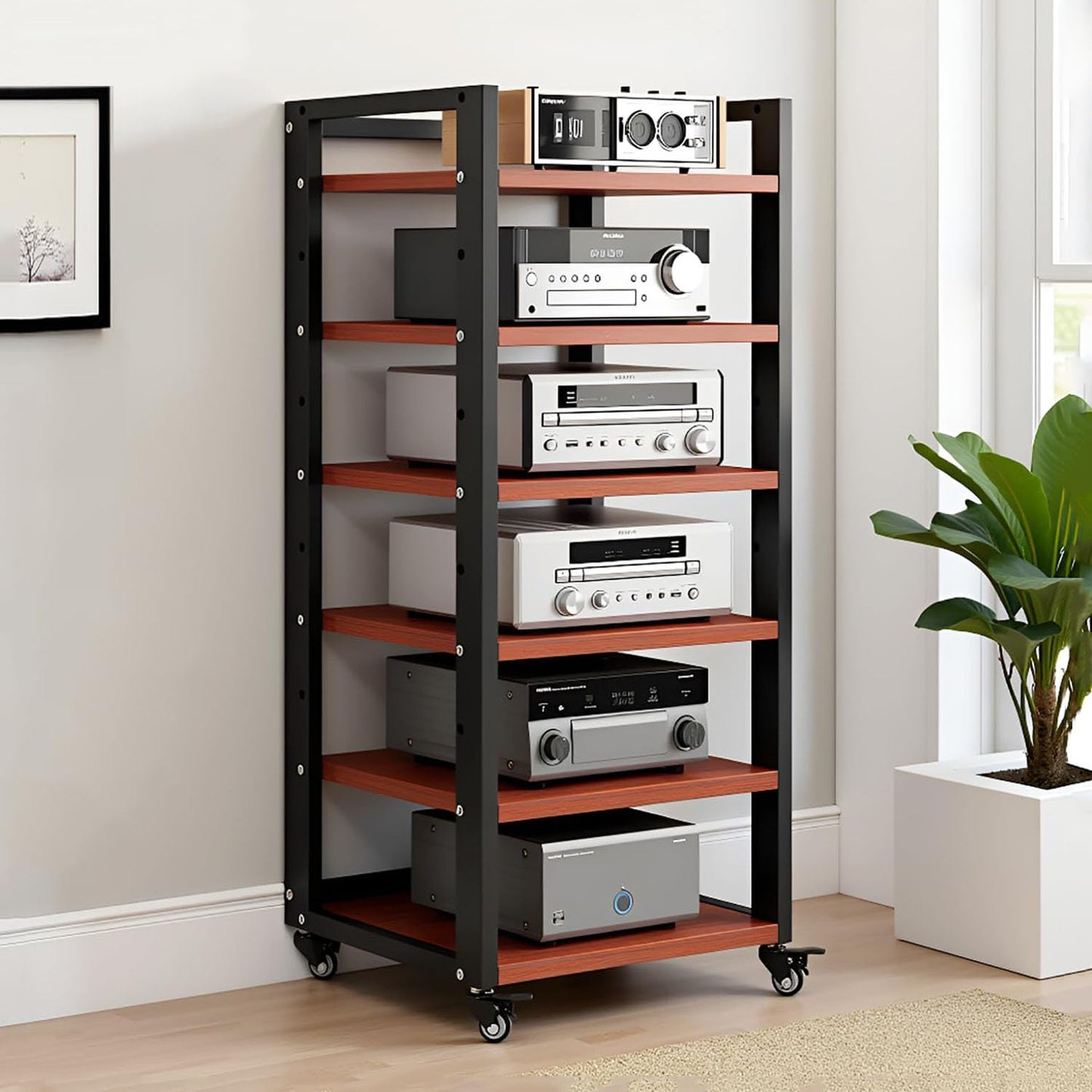 XEOKXOIT 6 Tier AV Media Stand, 47in Audio Rack Tower Stereo Components Cabinet, Home Theatre CD Record Player Stereo Receiver Equipment Rack with Adjustable Wood Shelves, Load 400lbs (Teak Brown)