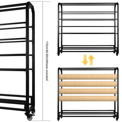 Fabric Roll Storage Rack with Wheel Adjustable Hanging Rod Bracket Display Shelf