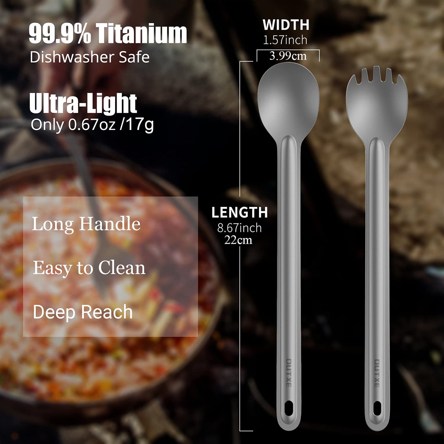 Ultralight Titanium Long-Handled Fork & Spoon Set by OUTXE
