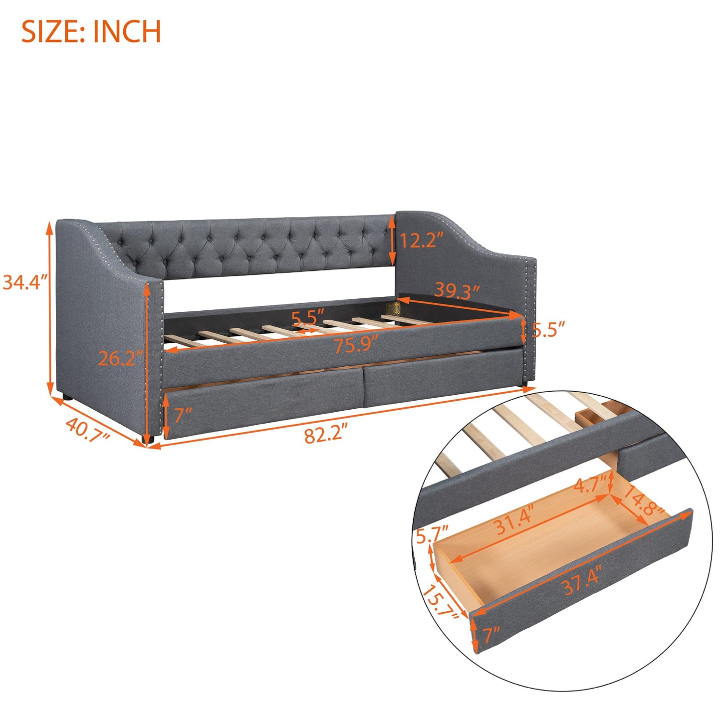 Merax Upholstered Twin Daybed Frame with 2 Storage Drawers, Linen Fabric Wood Sofa Bed, Diamond-Tufted Backrest & Rivets Armrests, Sturdy Wood Slat Support, No Box Spring Needed, Bear 400LBS, Gray