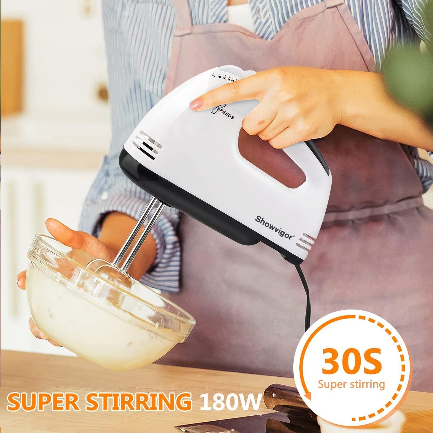 Showvigor Electric Hand mixer - 7 Adjustable Speed 180W Handheld Mixer Electric Whisk with 5 Stainless Steel Accessories, Turbo Boost/Self-Control Speed + Eject Button Food Beater for Cakes Eggs