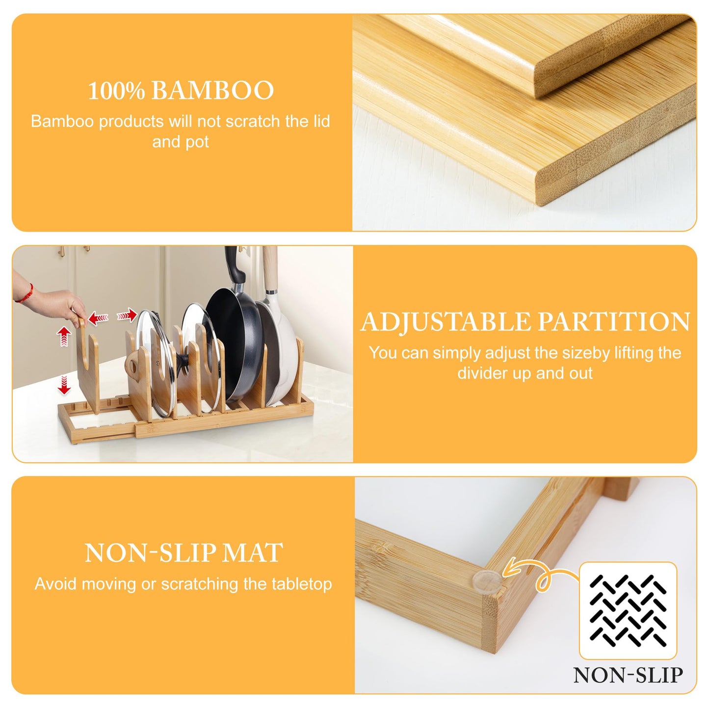 MinBoo Bamboo Expandable Pot Lid Organizer, Pot and Pan Organizer Drawer Organizer for Pot Lids, Adjustable 10 U-Shaped Dividers for Kitchen Cabinet Organizers and Storage (Bamboo-1)